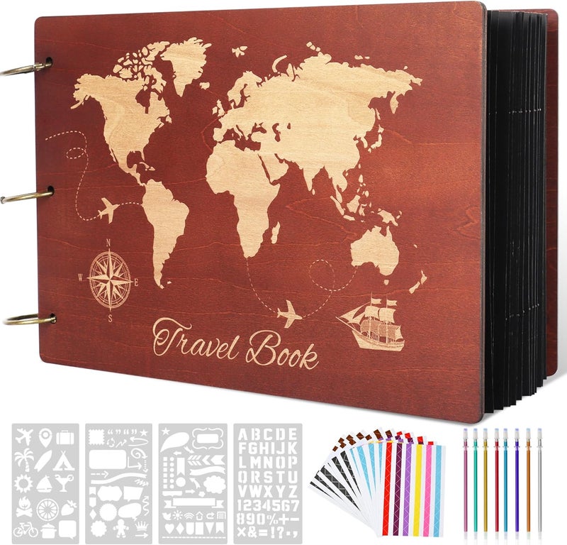 Giiffu Wooden Scrapbook Album for Travel Memories, DIY Photo Scrapbooking Book with Accessories, 100 Pages Personalized Adventure Memory Journal, Gift for Graduation, Birthday & Couples - Image 1
